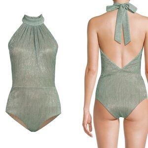 PATBO Halter Neck Bodysuit Sea Green Size Small Going Out Top Shimmer Metallic